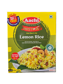 Aachi Ready to Eat Lemon Rice in 250g pack, a convenient Indian grocery item with vibrant yellow rice and lemon garnishes.