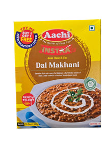 A bowl of Aachi Ready to Eat Dal Makhani in 300g packaging, ready to serve, with rich, creamy lentil curry on a plate.