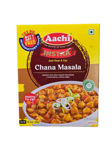 Aachi Ready to Eat Chana Masala in 300g package, featuring a bowl of chickpea curry with spices, by Krishna Mart.
