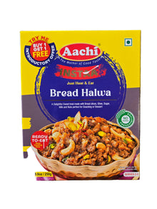 Aachi Ready to Eat Bread Halwa in 250g package, featuring a close-up of the sweet Indian dessert from Krishna Mart.