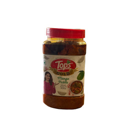 Krishna Mart Mango Pickle 900g jar showing the spicy, tangy mango slices and traditional Indian pickle packaging.