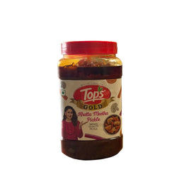 Krishna Mart Tops Khatta Meetha Pickle 950g jar with colorful label and lid, showcasing the traditional Indian pickle.