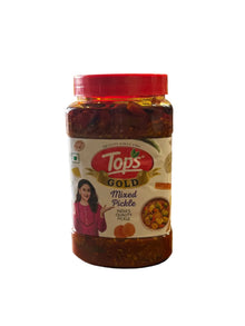Mixed pickle jar from Krishna Mart, 900g, featuring a variety of colorful vegetables and spices in a glass container.