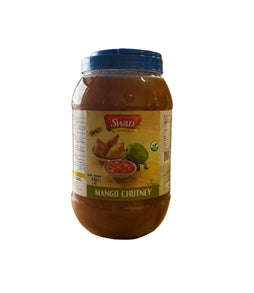 Krishna Mart Swad Mango Chutney in a 5kg jar, with golden mango chunks and rich, flavorful chutney visible in the image.