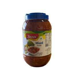 Krishna Mart Swad Mixed Pickle jar showing colorful assortment of Indian pickles in a 4.4kg container.