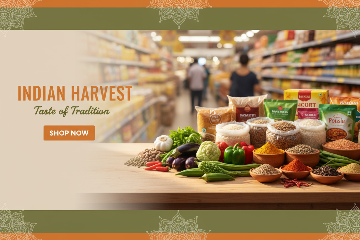 best banner for Krishna mart: A bright and clean hero banner for an Indian grocery store website. Display fresh Indian vegetables, colorful spices, rice, lentils, and packaged products neatly arranged on a wooden counter. Use warm, natural lighting with a soft blurred background of a grocery market. Subtle Indian patterns (like paisley or mandala) along the edges. Colors: saffron, green, beige. Leave clear space on the left for store name, tagline, and call-to-action button.